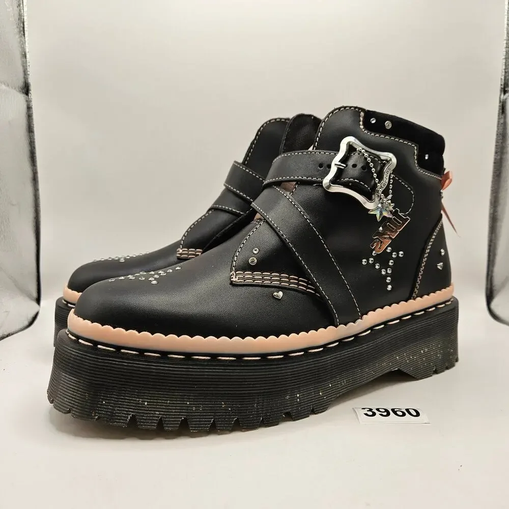 DR MARTENS WOMEN'S 11 CAITIE LEATHER BUCKLE PLATFORM LIMITED EDITION BOOTS BLACK